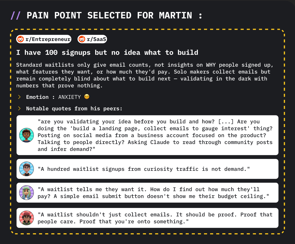 Pain point selected for Martin — I have 100 signups but no idea what to build